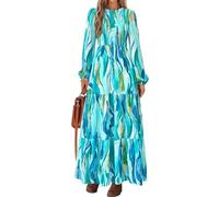 PRETTYGARDEN Damen Herbstkleider 2025, langärmelig, fließend, lässig, Blumenmuster, Maxikleid, Rundhalsausschnitt, gesmokt, gestuft, langes Kleid, Blau Grün, Klein