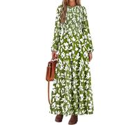 PRETTYGARDEN Damen Herbstkleider 2025, langärmelig, fließend, lässig, Blumenmuster, Maxikleid, Rundhalsausschnitt, gesmokt, gestuft, langes Kleid, Groß