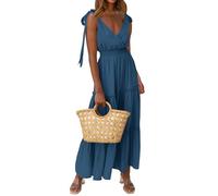 PRETTYGARDEN Damen Kreuzausschnitt Sommer Ärmellos Gestuftes Maxikleid Strand Tie Strap Gesmokte Lange Kleider Plissee Sommerkleid, Seeblau, Groß