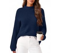 PRETTYGARDEN Damen-Pullover, Herbstmode 2025, übergroß, langärmelig, Stehkragen, Grobstrickpullover, Oberteil, Winterkleidung, Dunkelblau, S