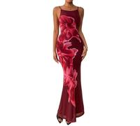 PRETTYGARDEN Damen-Sommerkleider 2025, elegantes Spaghettiträger-Abendkleid, Blumendruck, figurbetont, Maxi-Netz-Sommerkleid, Weinrot und rotes Blumenmuster, Klein