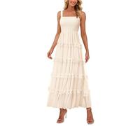 PRETTYGARDEN Damen-Sommerkleider 2026, ärmellos, gesmokt, gestuft, Rüschen, Tüll, A-Linie, fließend, Hochzeit, Party, Maxikleid, Beige, Groß