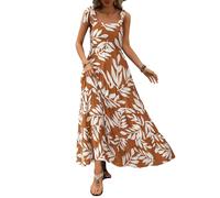 Prettygarden, Maxikleid für Damen - ärmellos, sommerlich, mit Spaghettiträgern, Stufen und floralem Muster - locker fallend, lang und ideal für den Strand, Blätter braun, Mittel