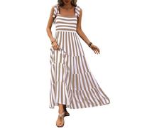 Prettygarden, Maxikleid für Damen - ärmellos, sommerlich, mit Spaghettiträgern, Stufen und floralem Muster - locker fallend, lang und ideal für den Strand, S-Khaki, XX-Large