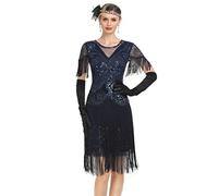 PrettyGuide Damen 1920er Jahre Gatsby Kleid Lang Fransen Vintage Pailletten Art Deco Cocktail Flapper Kleid mit Ärmeln, Marineblau, 38
