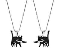 PRETTYLE Schwarze Knifecat Halskette, Katzenhalskette S925 Silberanhänger, Kätzchen mit Messer, süßer Glücksschmuck für Katzenliebhaber, Frauen und Männer (2 Stück)