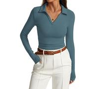 Prettywear Langärmeliges Damen-Poloshirt, Kragen, V-Ausschnitt, schmal, tailliert, Business, Freizeit, Basic-T-Shirt, Herbst 2024, trendig, Haze Blue, Mittel