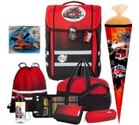 Pridera McNeill Gradient Cranberry Schulranzen-Set Perfecto, Feuerwehr Design, 9-teilig mit Schultüte, Sporttasche, Trinkflasche, Hubschrauber, 33x29x36cm, Wasserabweisend, 22L