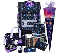 Pridera McNeill Star Night Schulranzen-Set Compacto, 9-teilig, Galaxy Design mit Sternen, Schultasche mit Sporttasche, Brotdose, Trinkflasche und Schultüte, Schwarz-Lila
