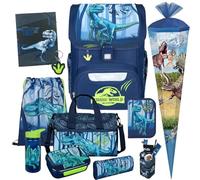 Pridera Scooli Schulranzen 1.Klasse Jungen EasyStart Schulranzen-Set geeignet für Jurassic World-Fans (11tlg. mit Sporttasche, Brotdose, Trinkflasche, Stifteköcher, Heftmappe, passende Schultüte D)
