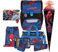 Pridera Scooli Schulranzen 1.Klasse Jungen EasyStart Schulranzen-Set geeignet für Spiderman-Fans (8tlg. mit Sporttasche, passend Platzdeckchen, Schultüte)