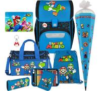 Pridera Scooli Schulranzen 1.Klasse Jungen EasyStart Schulranzen-Set geeignet für Super Mario-Fans (8tlg. mit Sporttasche passend dazu Platzdeckchen Schultüte)