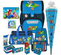 Pridera Scooli Schulranzen 1.Klasse Jungen EasyStart Schulranzen-Set geeignet für Super Mario-Fans (12tlg.mit Sporttasche Brotdose Trinkflasche Lernuhr Stifteköcher passend Platzdeckchen Schultüte)