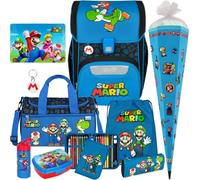 Pridera Scooli Schulranzen 1.Klasse Jungen EasyStart Schulranzen-Set geeignet für Super Mario-Fans (10tlg. mit Sporttasche passend dazu Brotdose Trinkflasche Platzdeckchen Schultüte)