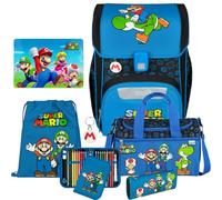 Pridera Scooli Schulranzen 1.Klasse Jungen EasyStart Schulranzen-Set geeignet für Super Mario-Fans (7tlg. mit Sporttasche passend dazu Platzdeckchen)