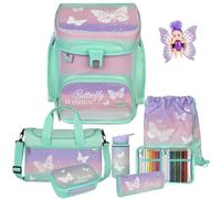 Pridera Scooli Schulranzen 1.Klasse Mädchen Butterfly Wishes Schmetterling EasyFit Schulranzen-Set (9tlg. Set mit Brotdose Trinkflasche passend dazu Sporttasche, Fairy-Püppchen gratis)