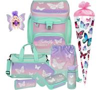 Pridera Scooli Schulranzen 1.Klasse Mädchen Butterfly Wishes Schmetterling EasyFit Schulranzen-Set (10tlg. Set mit Brotdose Trinkflasche passend dazu Sporttasche Schultüte S, Fairy-Püppchen gratis)