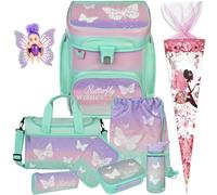 Pridera Scooli Schulranzen 1.Klasse Mädchen Butterfly Wishes Schmetterling EasyFit Schulranzen-Set (10tlg. Set mit Brotdose Trinkflasche passend dazu Sporttasche Schultüte B, Fairy-Püppchen gratis)