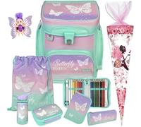Pridera Scooli Schulranzen 1.Klasse Mädchen Butterfly Wishes Schmetterling EasyFit Schulranzen-Set (9tlg. Set mit Brotdose Trinkflasche passend dazu Schultüte B, Fairy-Püppchen gratis)