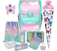 Pridera Scooli Schulranzen 1. Klasse Mädchen Butterfly Wishes Schmetterling EasyStart Schulranzen-Set (9tlg. mit Brotdose Trinkflasche Fairy-Püppchen Schultüte S)