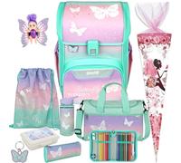 Pridera Scooli Schulranzen 1. Klasse Mädchen Butterfly Wishes Schmetterling EasyStart Schulranzen-Set (10tlg. mit Sporttasche Brotdose Trinkflasche Fairy-Püppchen Schultüte B)