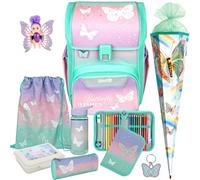 Pridera Scooli Schulranzen 1. Klasse Mädchen Butterfly Wishes Schmetterling EasyStart Schulranzen-Set (9tlg. mit Brotdose Trinkflasche Fairy-Püppchen Schultüte R)