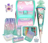 Pridera Scooli Schulranzen 1. Klasse Mädchen Butterfly Wishes Schmetterling EasyStart Schulranzen-Set (9tlg. mit Brotdose Trinkflasche Fairy-Püppchen Schultüte E)