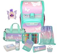Pridera Scooli Schulranzen 1. Klasse Mädchen Butterfly Wishes Schmetterling EasyStart Schulranzen-Set (9tlg. mit Sporttasche Brotdose Trinkflasche Fairy-Püppchen)