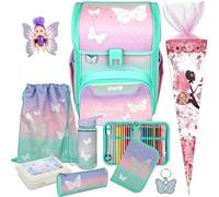 Pridera Scooli Schulranzen 1. Klasse Mädchen Butterfly Wishes Schmetterling EasyStart Schulranzen-Set (9tlg. mit Brotdose Trinkflasche Fairy-Püppchen Schultüte B)