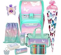Pridera Scooli Schulranzen 1. Klasse Mädchen Butterfly Wishes Schmetterling EasyStart Schulranzen-Set (10tlg. mit Sporttasche Brotdose Trinkflasche Fairy-Püppchen Schultüte S)