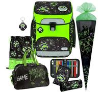 Pridera Scooli Schulranzen Jungen 1.Klasse EasyFit (7tlg. Set mit Sporttasche und Schultüte N, Space Robots - Pixel - Glow Edition)