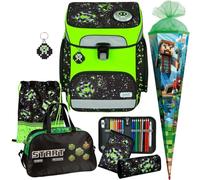 Pridera Scooli Schulranzen Jungen 1.Klasse EasyFit (7tlg. Set mit Sporttasche und Schultüte R, Space Robots - Pixel - Glow Edition)