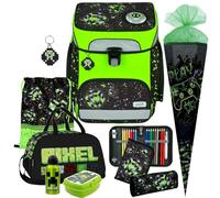 Pridera Scooli Schulranzen Jungen 1.Klasse EasyFit (9tlg. Set passend dazu Sporttasche Brotdose Trinkflasche Schultüte N, Space Robot - Pixel - Glow Edition)