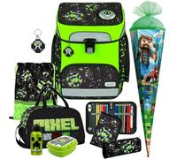 Pridera Scooli Schulranzen Jungen 1.Klasse EasyFit (9tlg. Set passend dazu Sporttasche Brotdose Trinkflasche Schultüte R, Space Robot - Pixel - Glow Edition)