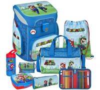 Pridera Scooli Super Mario EasyFit Schulranzen-Set 9tlg. mit Sporttasche Brustbeutel, passend dazu Brotdose und Trinkflasche