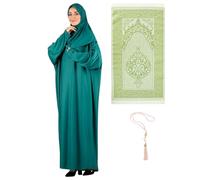 Prien Frauen Gebetskleidung Mit Hijab Gebetsperlen Gebetsteppich, Damen Muslim Kleidung, Islam Abaya Set, Ferace Tesettür Giyim, Islamische Langarm Kleid, Kopftuch, Gebetskleid Für Ramadan (Grün)