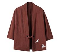 PRIJOUHE Herren Japanische Mode Kimono Cardigan Plus Size Jacke Yukata Casual Baumwolle Leinen Sieben Ärmel Leicht - Braun - Large