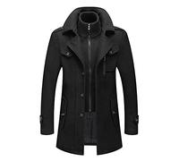 PRIJOUHE Herren-Woll-Trenchcoat, normale Passform, mittellang, geknöpftes Revers, Übermantel mit abnehmbarem Kragen, schwarz, Large
