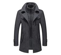 PRIJOUHE Herren-Woll-Trenchcoat, normale Passform, mittellang, geknöpftes Revers, Übermantel mit abnehmbarem Kragen, grau, X-Large