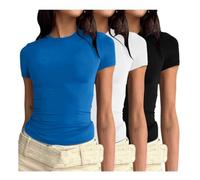 Prime-Angebote Shirt Weiss 3er Pack Damen T-Shirt Rundhals Kurzarm Eng Basic Y2k Crop Tops Sommer Oberteile Einfarbig Shirt Weiss Damen Gym Basic Tops Slim Fit Elegant Tee Shirts