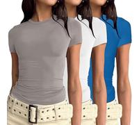 Prime-Angebote Shirt Weiss 3er Pack Damen T-Shirt Rundhals Kurzarm Eng Basic Y2k Crop Tops Sommer Oberteile Einfarbig Shirt Weiss Damen Gym Basic Tops Slim Fit Elegant Tee Shirts