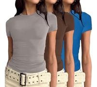 Prime-Day-2025-Angebote Gym Top 3er Pack Damen T-Shirt Rundhals Kurzarm Eng Basic Y2k Crop Tops Sommer Oberteile Einfarbig Shirt Weiss Damen Gym Basic Tops Slim Fit Elegant Tee Shirts