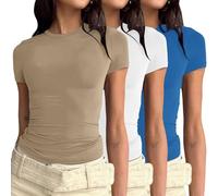 Prime-Day-2025-Angebote Oberteile 3er Pack Damen T-Shirt Rundhals Kurzarm Eng Basic Y2k Crop Tops Sommer Oberteile Einfarbig Shirt Weiss Damen Gym Basic Tops Slim Fit Elegant Tee Shirts