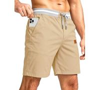 PrimeCrest Kurze Hosen Herren Shorts Sommer Bermuda Chino Baumwolle mit Taschen Outdoor Stretch Shorts Männer Gummizug mit Tunnelzug Knielange Sport Baggy Gym Sweat Freizeitshorts Khaki S