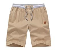 PrimeCrest Kurze Hosen Herren Shorts Sommer Bermuda Chino Baumwolle mit Taschen Outdoor Stretch Shorts Männer Gummizug mit Tunnelzug Knielange Sport Baggy Gym Sweat Freizeitshorts Khaki 2XL