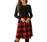 PRIMODA Damen Langarm Empire Taille Buffalo Plaid Midi Swing Freizeitkleid Kleider mit Gürtel, rotem Karo, Groß