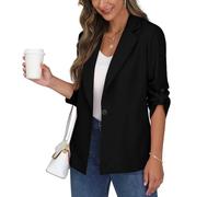 PrinStory Blazer Damen Business Büro Longblazer Verstellbare 3/4 Lange Ärmel Revers Blazer Sportlich Elegant Sakko Jack Trenchcoat (Schwarz, 36)