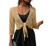 PrinStory Damen Bolero 3/4 Ärmel Leichte Strickjacke Damen Sommer Krawatte Front Shrug V-Ausschnitt Weich Oberteil (Leichter Kaffee,XL)