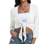 PrinStory Damen Leichte Bolero V-Ausschnitt Cardigan Damen Sommer 3/4 Ärmel Krawatte Front Elegant Strickjacke Oberteil Mantel Solid Top (Bleiche Weiß,XXL)