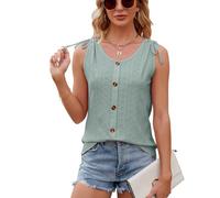 PrinStory Damen Weste Sommer Lässig Ärmellos Schulter Krawatte Knopfweste Top (Dunkelgrün, S)